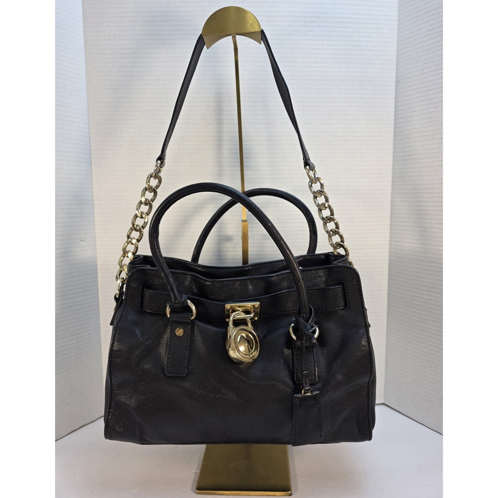 Michael Kors Purse Black Hamilton Satchel Tote Shoulder‎ Bag Gold Chain & Lock